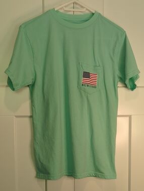 BURLEBO Short Sleeve Pocket Tee in Mint Green with Flag Patch Size S